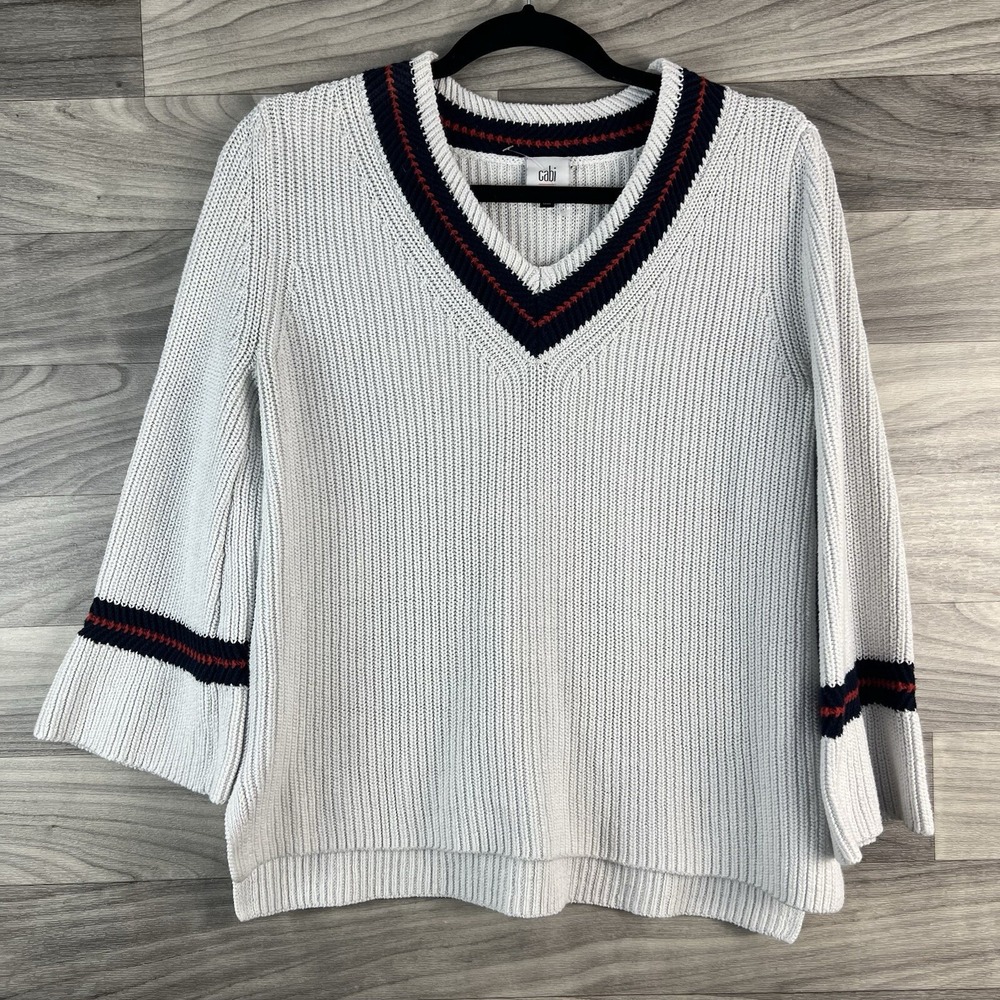 Cabi Pullover Sweater Women S White Striped 3/4 Flare Sleeve V Neck Cotton Blend - Picture 2 of 12